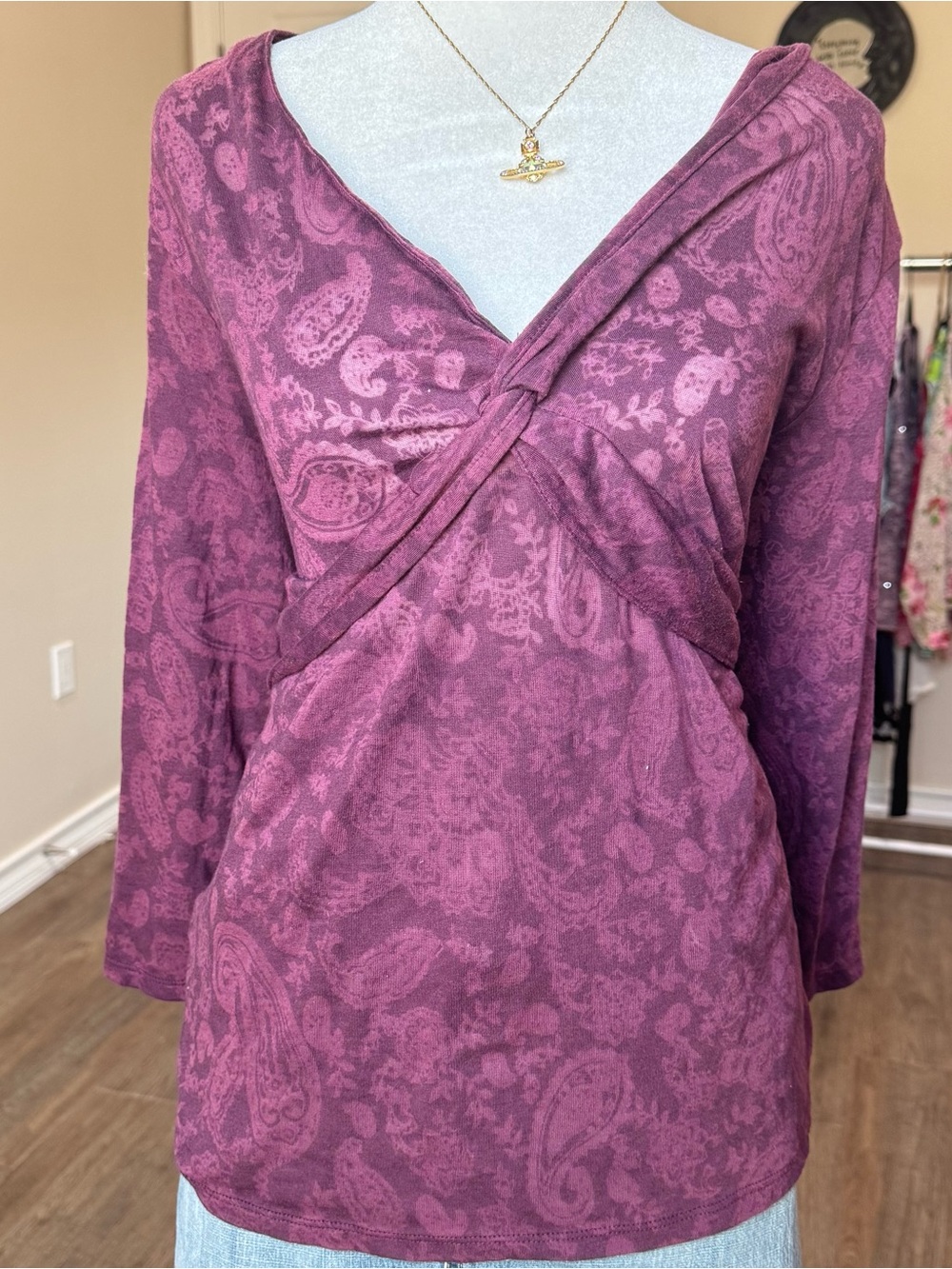 Avenue Plum Paisley Twist-Front Babydoll Whimsigoth Boho Women’s Long Sleeve Top